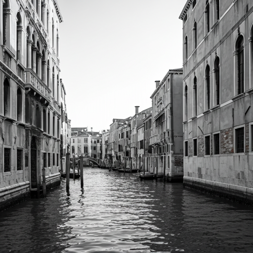 A quiet canal winding between buildings in Venice
